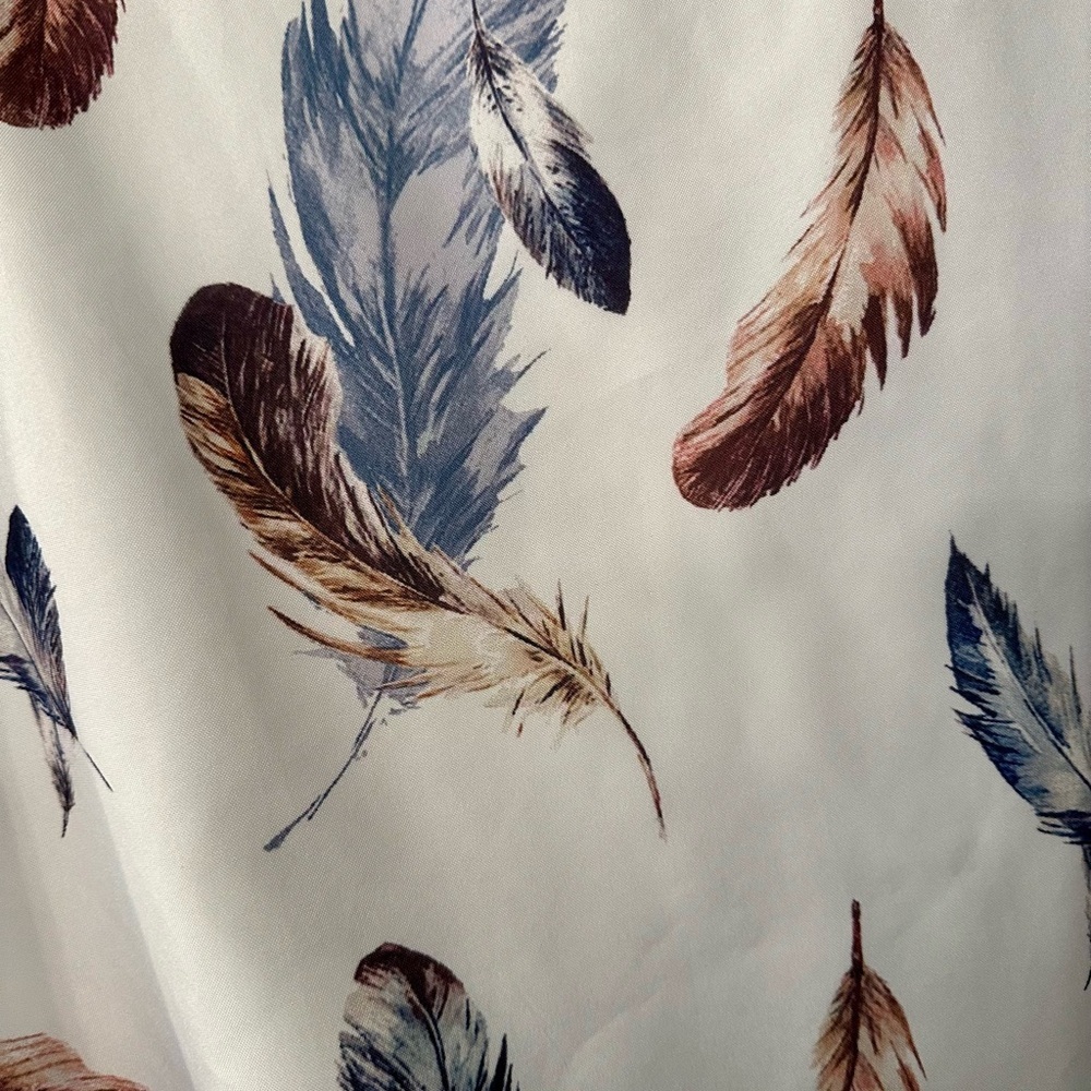 EMORY ROSE 1XL Ivory Brown Blue Feather Feathers Print Blouse - Picture 3 of 8